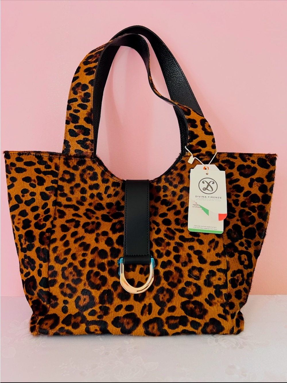 Divina Firenze Leather Leopard Print Tote with Black Strap NWT